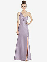 Front View Thumbnail - Lilac Haze Draped One-Shoulder Satin Trumpet Gown with Front Slit