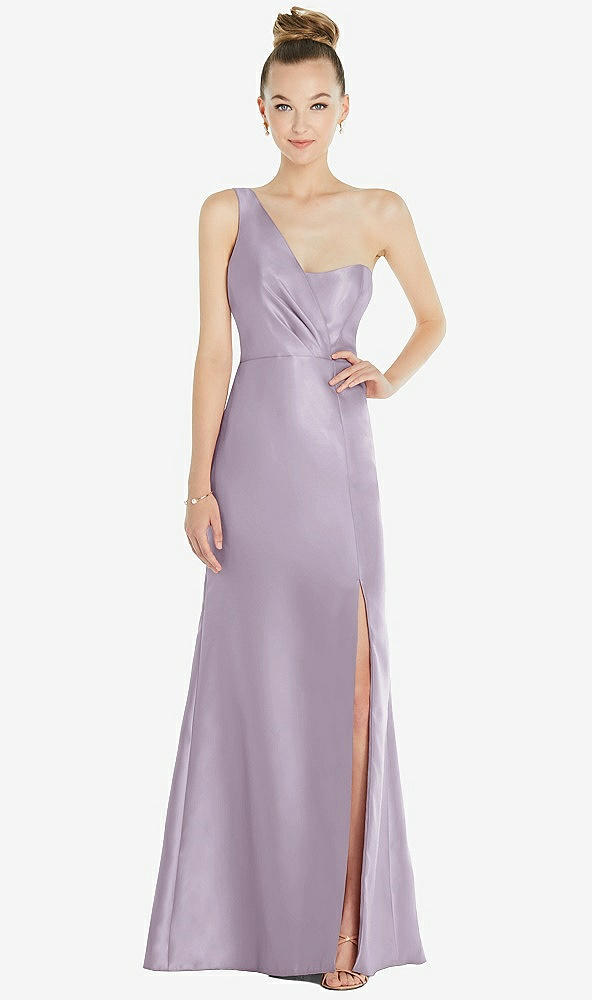 Front View - Lilac Haze Draped One-Shoulder Satin Trumpet Gown with Front Slit