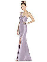 Side View Thumbnail - Lilac Haze Draped One-Shoulder Satin Trumpet Gown with Front Slit