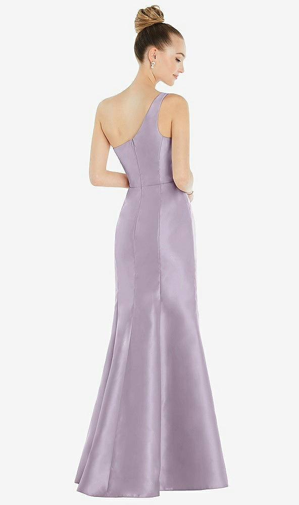 Back View - Lilac Haze Draped One-Shoulder Satin Trumpet Gown with Front Slit