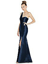 Side View Thumbnail - Midnight Navy Draped One-Shoulder Satin Trumpet Gown with Front Slit