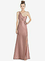 Front View Thumbnail - Neu Nude Draped One-Shoulder Satin Trumpet Gown with Front Slit