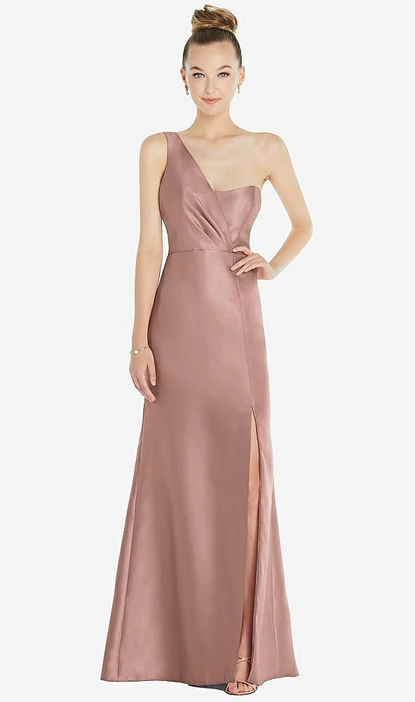Front View - Neu Nude Draped One-Shoulder Satin Trumpet Gown with Front Slit