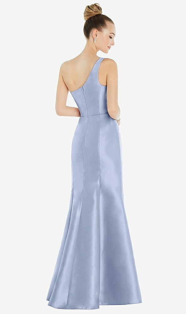Back View - Sky Blue Draped One-Shoulder Satin Trumpet Gown with Front Slit