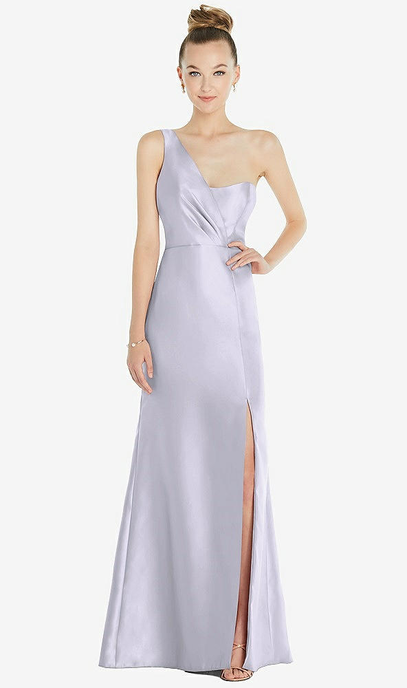 Front View - Silver Dove Draped One-Shoulder Satin Trumpet Gown with Front Slit