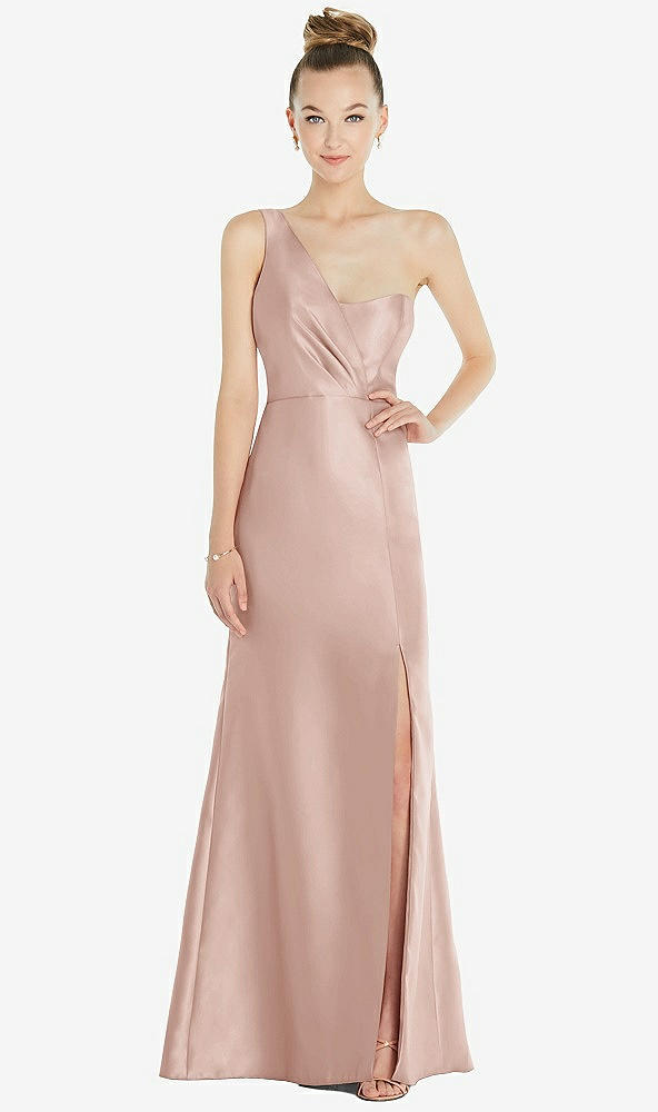 Front View - Toasted Sugar Draped One-Shoulder Satin Trumpet Gown with Front Slit