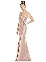 Side View Thumbnail - Toasted Sugar Draped One-Shoulder Satin Trumpet Gown with Front Slit