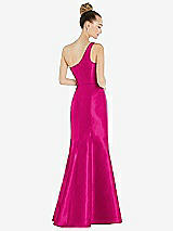 Rear View Thumbnail - Think Pink Draped One-Shoulder Satin Trumpet Gown with Front Slit