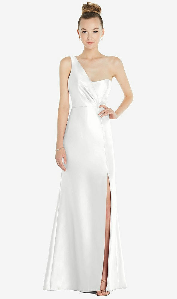 Front View - White Draped One-Shoulder Satin Trumpet Gown with Front Slit