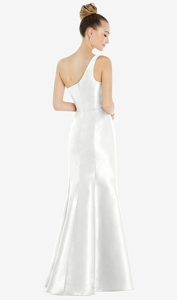 Back View - White Draped One-Shoulder Satin Trumpet Gown with Front Slit