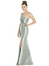 Side View Thumbnail - Willow Green Draped One-Shoulder Satin Trumpet Gown with Front Slit