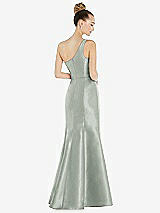 Rear View Thumbnail - Willow Green Draped One-Shoulder Satin Trumpet Gown with Front Slit