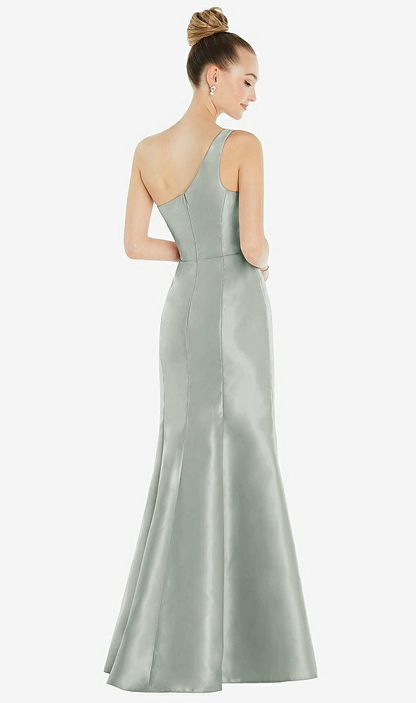 Back View - Willow Green Draped One-Shoulder Satin Trumpet Gown with Front Slit