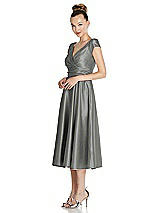 Side View Thumbnail - Charcoal Gray Cap Sleeve Faux Wrap Satin Midi Dress with Pockets