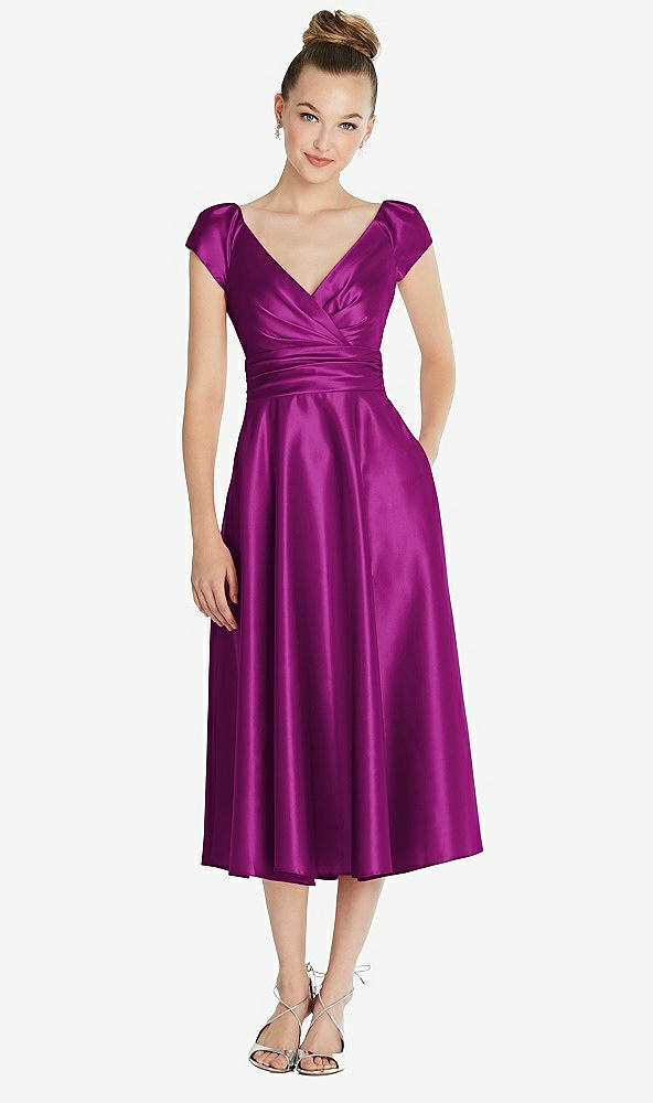 Front View - Persian Plum Cap Sleeve Faux Wrap Satin Midi Dress with Pockets
