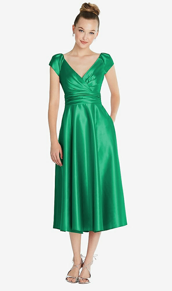 Front View - Pantone Emerald Cap Sleeve Faux Wrap Satin Midi Dress with Pockets