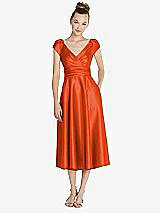 Front View Thumbnail - Tangerine Tango Cap Sleeve Faux Wrap Satin Midi Dress with Pockets
