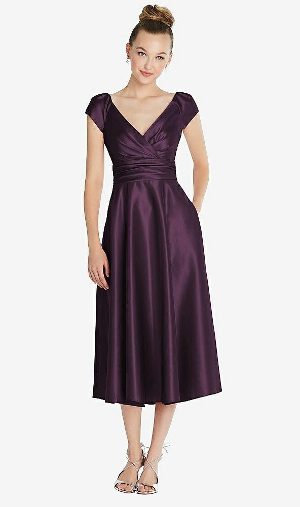 Front View - Aubergine Cap Sleeve Faux Wrap Satin Midi Dress with Pockets