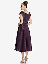 Rear View Thumbnail - Aubergine Cap Sleeve Faux Wrap Satin Midi Dress with Pockets