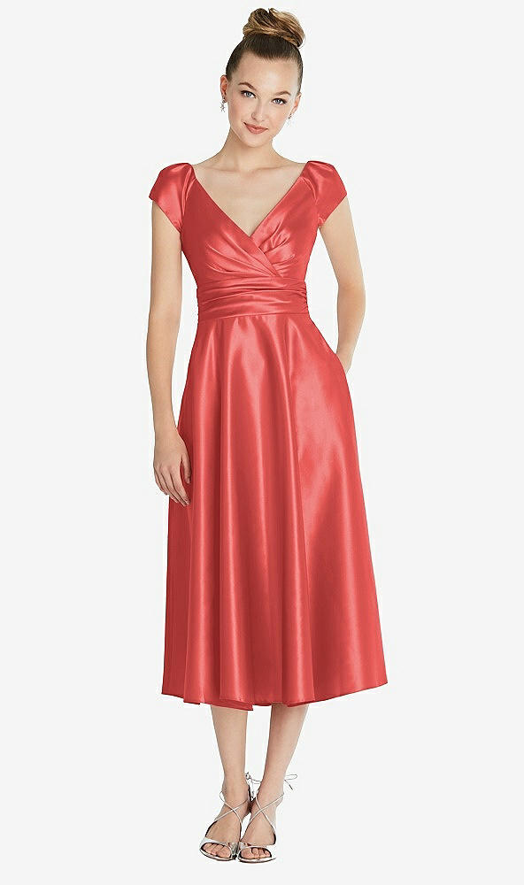 Front View - Perfect Coral Cap Sleeve Faux Wrap Satin Midi Dress with Pockets