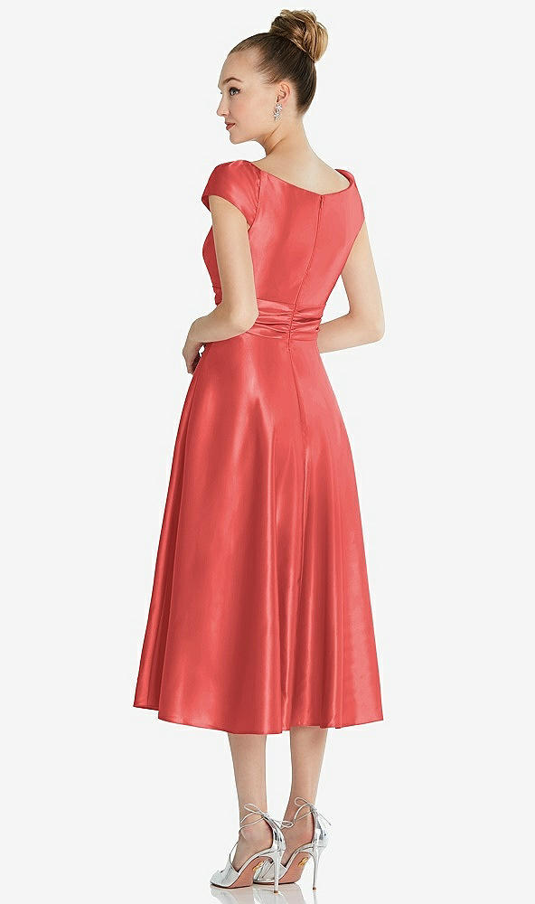 Back View - Perfect Coral Cap Sleeve Faux Wrap Satin Midi Dress with Pockets