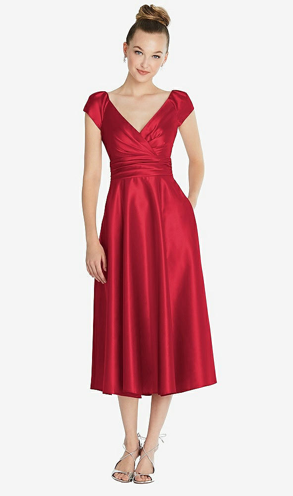 Front View - Flame Cap Sleeve Faux Wrap Satin Midi Dress with Pockets