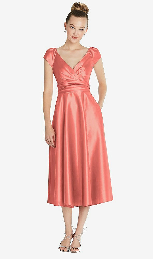 Front View - Ginger Cap Sleeve Faux Wrap Satin Midi Dress with Pockets