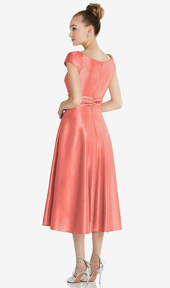 Back View - Ginger Cap Sleeve Faux Wrap Satin Midi Dress with Pockets