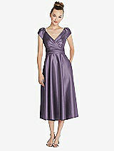 Front View Thumbnail - Lavender Cap Sleeve Faux Wrap Satin Midi Dress with Pockets