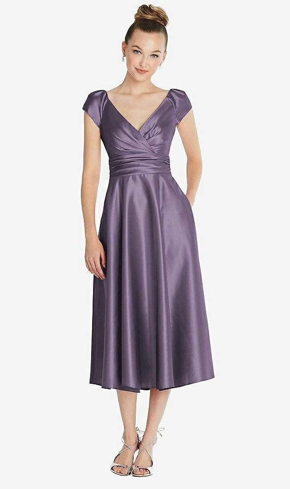 Front View - Lavender Cap Sleeve Faux Wrap Satin Midi Dress with Pockets