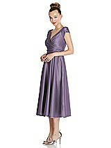 Side View Thumbnail - Lavender Cap Sleeve Faux Wrap Satin Midi Dress with Pockets