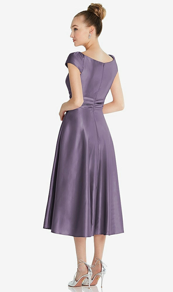 Back View - Lavender Cap Sleeve Faux Wrap Satin Midi Dress with Pockets