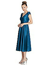 Side View Thumbnail - Ocean Blue Cap Sleeve Faux Wrap Satin Midi Dress with Pockets
