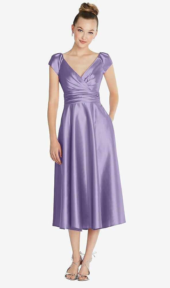 Front View - Passion Cap Sleeve Faux Wrap Satin Midi Dress with Pockets