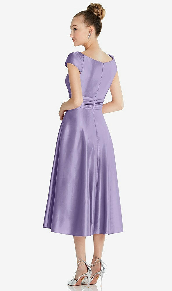Back View - Passion Cap Sleeve Faux Wrap Satin Midi Dress with Pockets