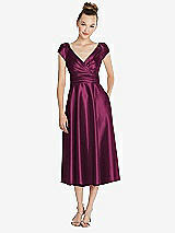 Front View Thumbnail - Ruby Cap Sleeve Faux Wrap Satin Midi Dress with Pockets