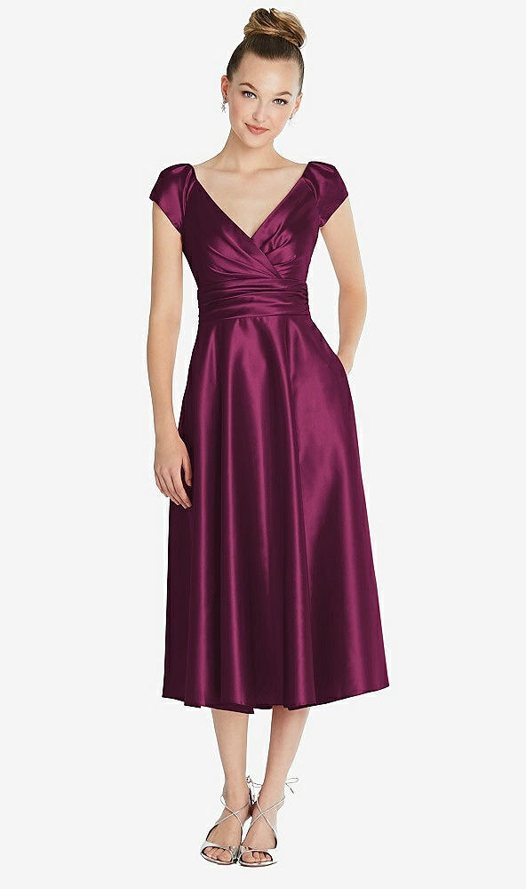 Front View - Ruby Cap Sleeve Faux Wrap Satin Midi Dress with Pockets