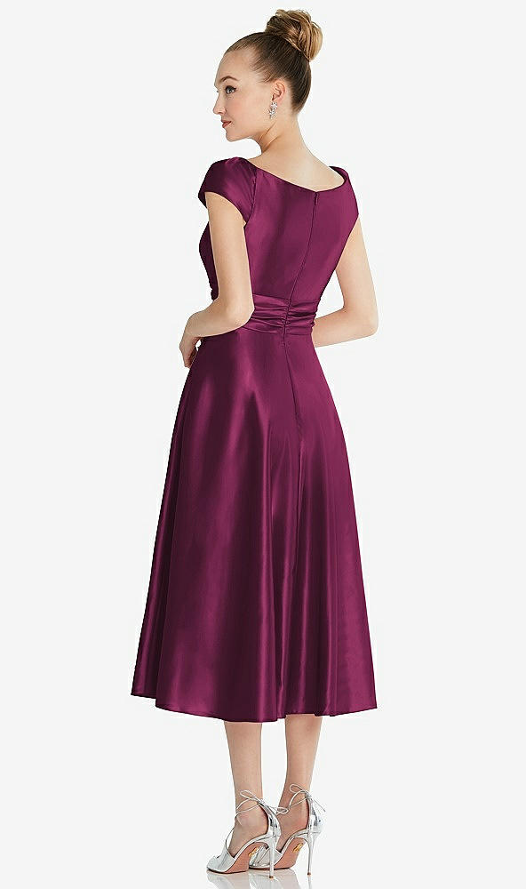 Back View - Ruby Cap Sleeve Faux Wrap Satin Midi Dress with Pockets