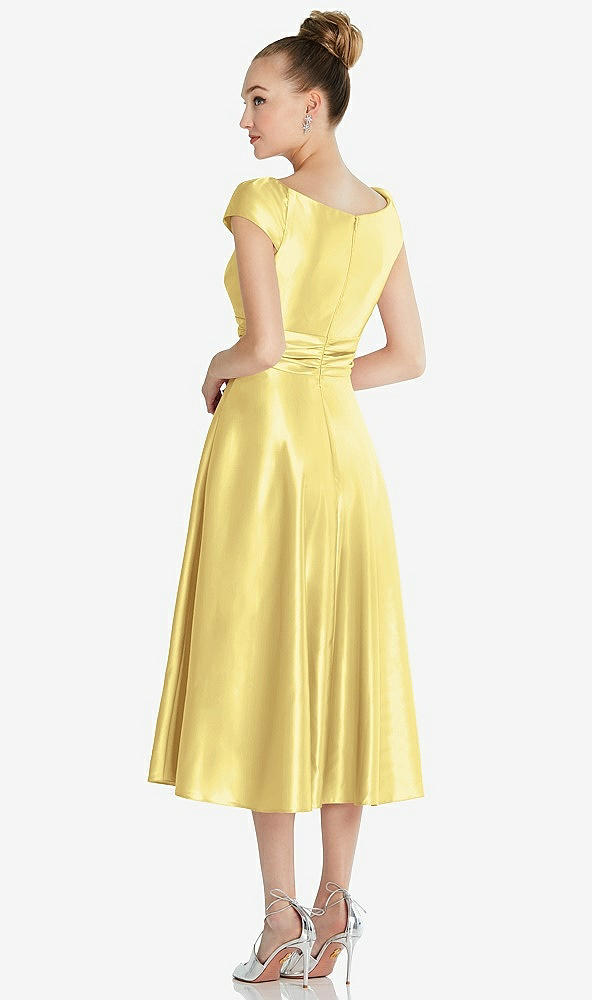 Back View - Sunflower Cap Sleeve Faux Wrap Satin Midi Dress with Pockets
