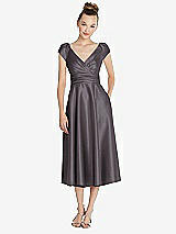 Front View Thumbnail - Stormy Cap Sleeve Faux Wrap Satin Midi Dress with Pockets