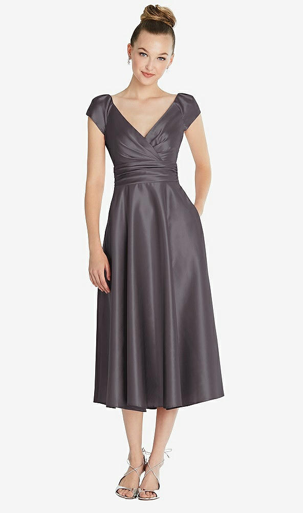 Front View - Stormy Cap Sleeve Faux Wrap Satin Midi Dress with Pockets