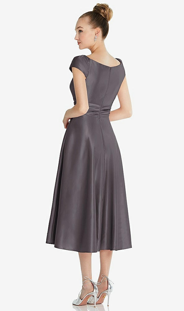 Back View - Stormy Cap Sleeve Faux Wrap Satin Midi Dress with Pockets