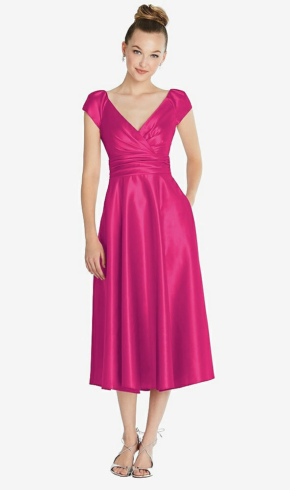 Front View - Think Pink Cap Sleeve Faux Wrap Satin Midi Dress with Pockets