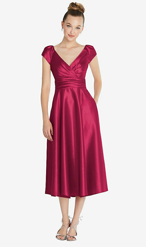 Front View - Valentine Cap Sleeve Faux Wrap Satin Midi Dress with Pockets