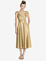 Front View Thumbnail - Venetian Gold Cap Sleeve Faux Wrap Satin Midi Dress with Pockets