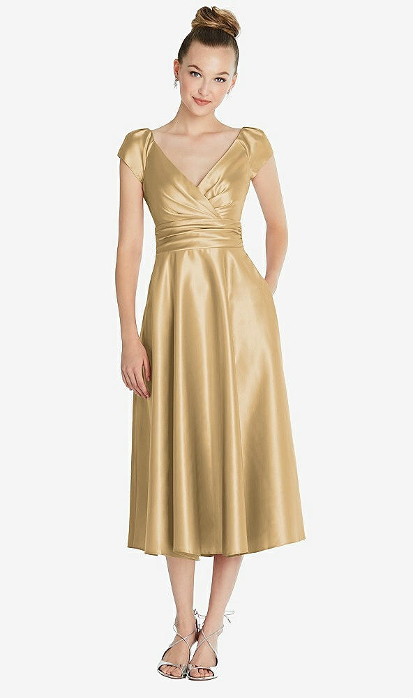 Front View - Venetian Gold Cap Sleeve Faux Wrap Satin Midi Dress with Pockets