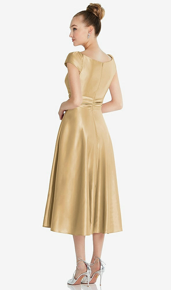 Back View - Venetian Gold Cap Sleeve Faux Wrap Satin Midi Dress with Pockets