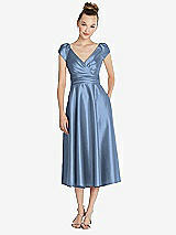 Front View Thumbnail - Windsor Blue Cap Sleeve Faux Wrap Satin Midi Dress with Pockets