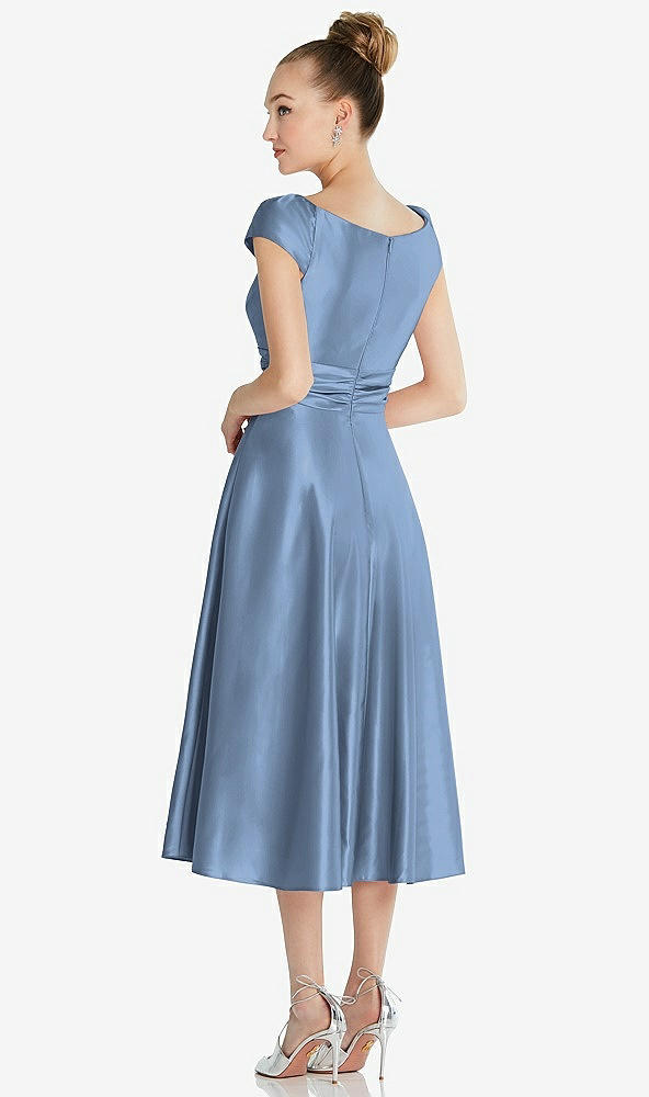 Back View - Windsor Blue Cap Sleeve Faux Wrap Satin Midi Dress with Pockets