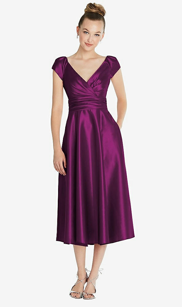 Front View - Wild Berry Cap Sleeve Faux Wrap Satin Midi Dress with Pockets